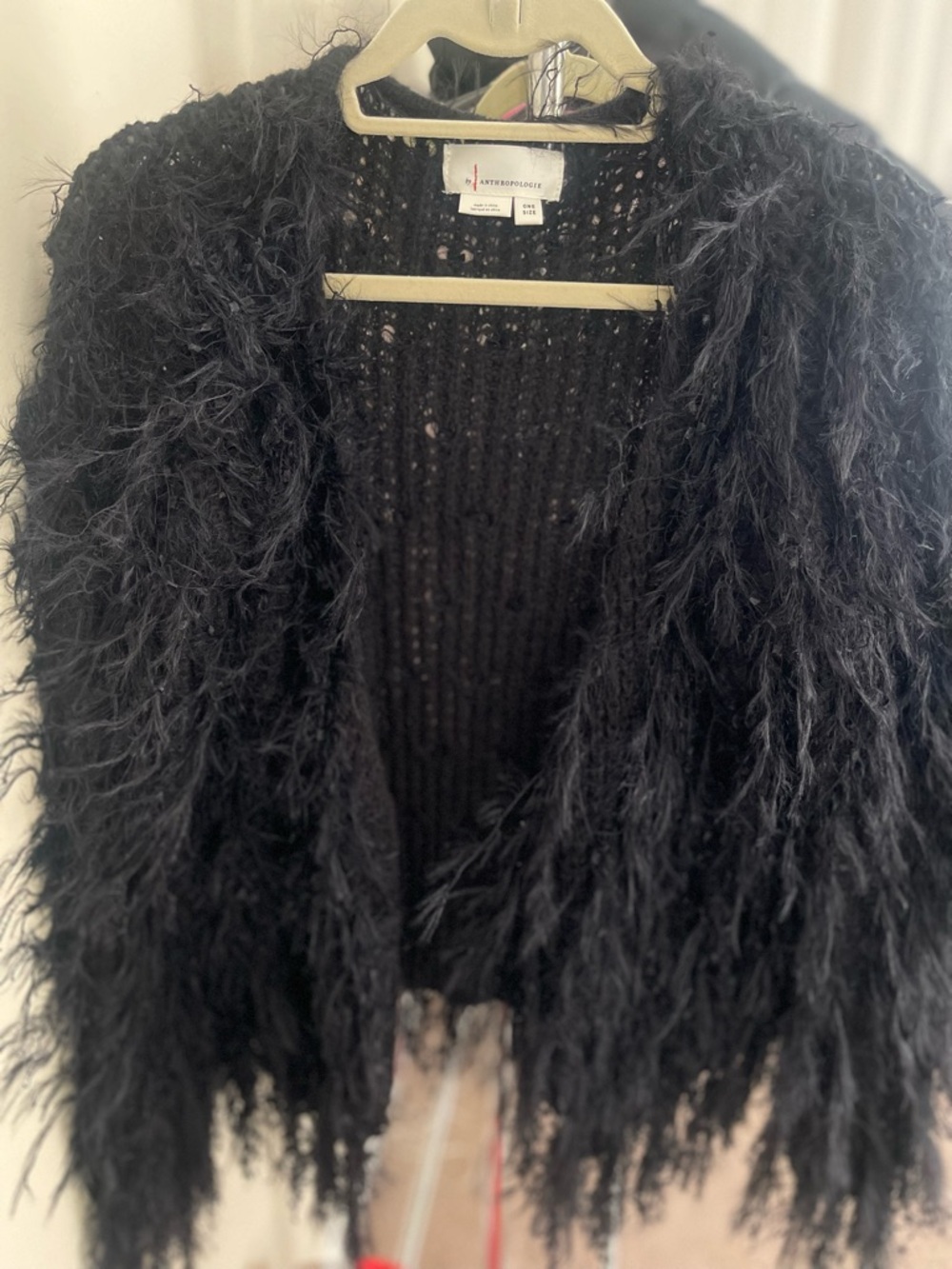 Anthropologie Black Faux-Fur Open-Front Textured Cardigan